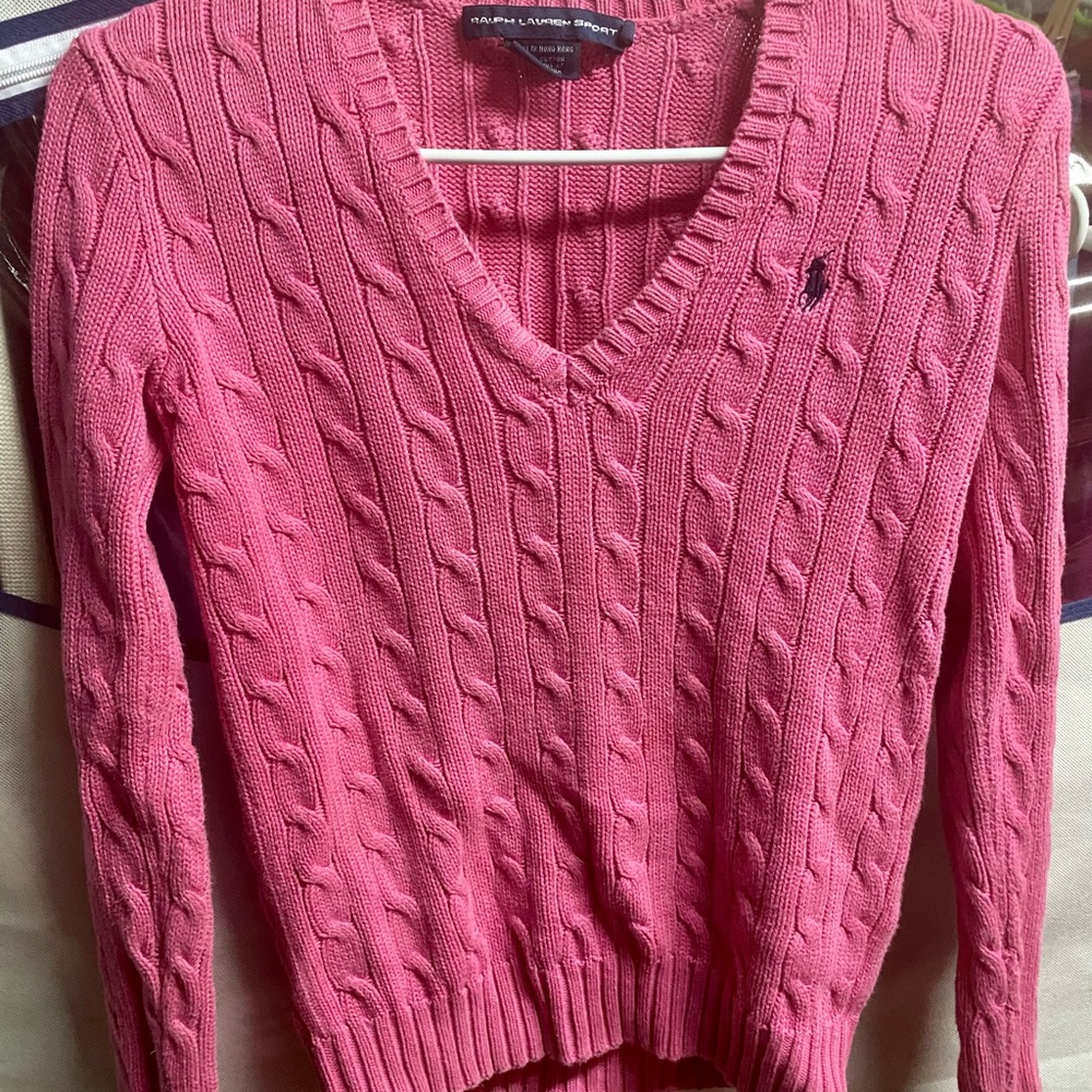 Polo sweater-Pink cable knit V-neck